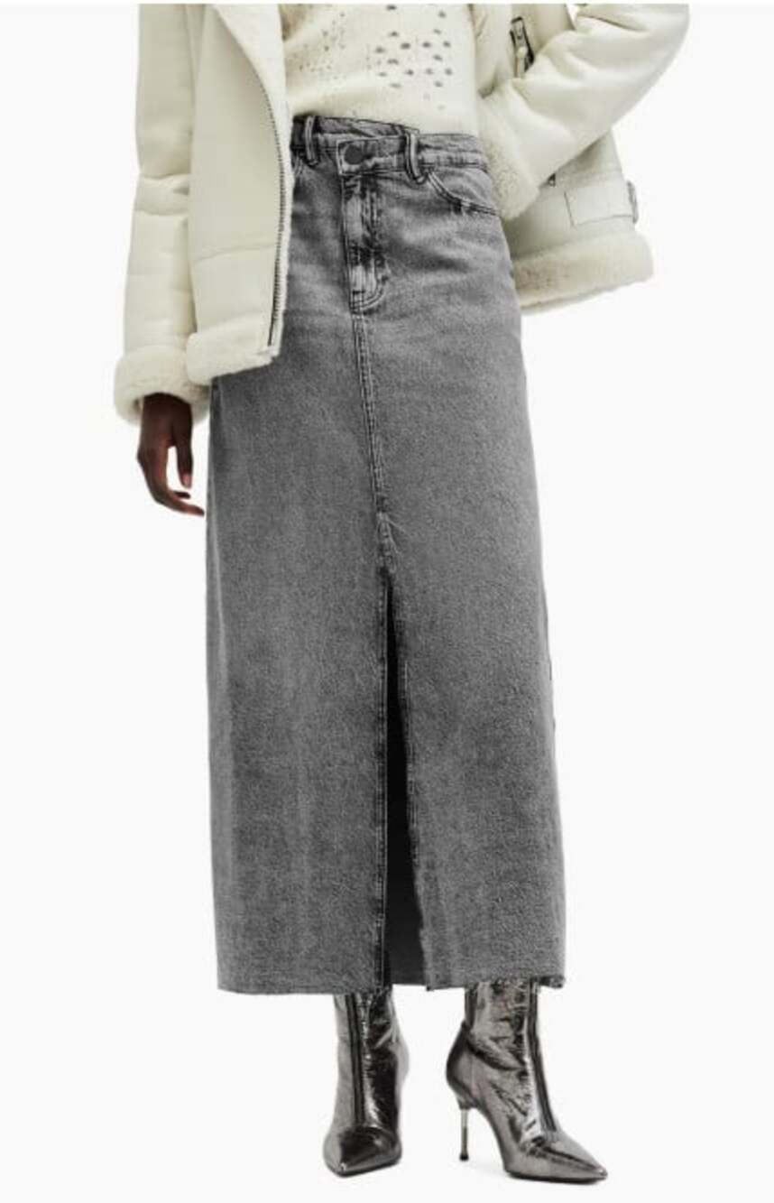 AllSaints Noir Women's US Size 12 Charcoal Wash 100% Cotton Denim Maxi Skirt NWT
